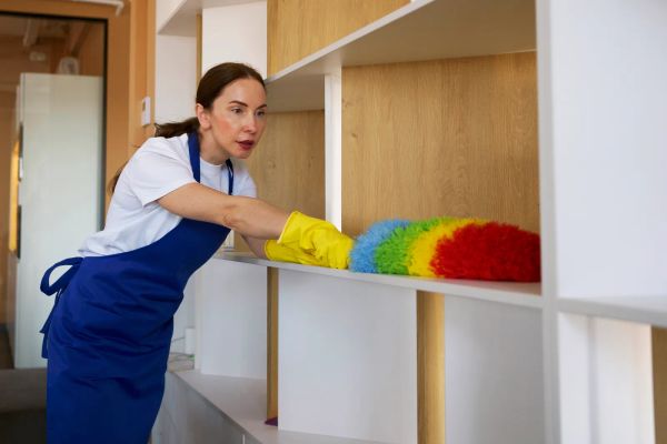 Professional cleaner organizing supplies before a job