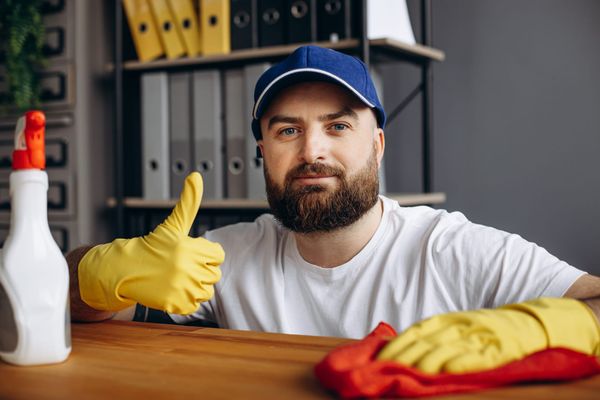Friendly professional cleaner from a cleaning company ready to work