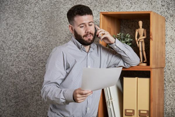 Entrepreneur checking contract details on paperwork at his desk