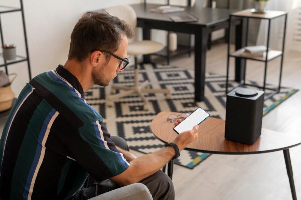 Man holding his phone while using a smart speaker at home