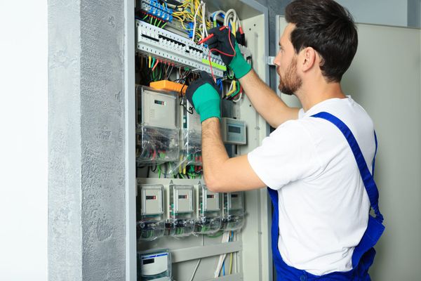 Electrician checking voltage on an electrical panel with a multimeter