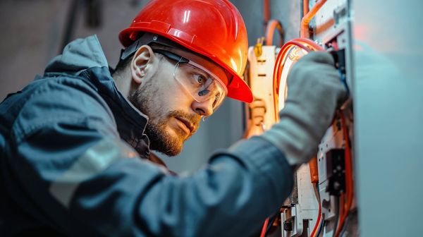 Professional electrician in safety gear working on an electrical panel
