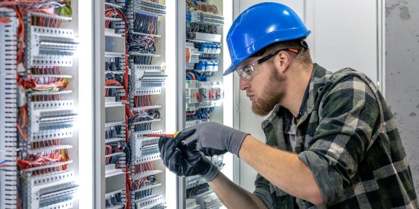 Electrician wiring an electrical panel