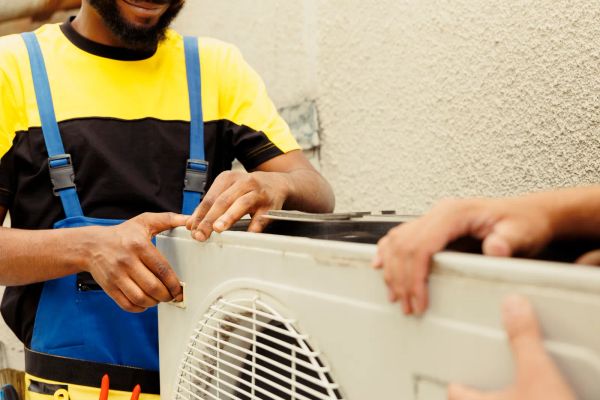 HVAC technician servicing an outdoor air conditioning unit