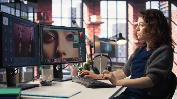Photographer editing and resizing photos on a desktop computer