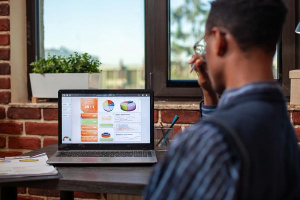 Business owner reviewing website analytics on screen