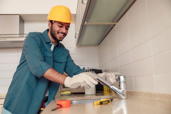 Smiling professional plumber repairing a kitchen faucet in a customer's home