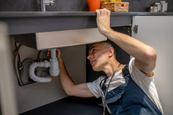 Experienced plumber examining the pipes under a kitchen sink