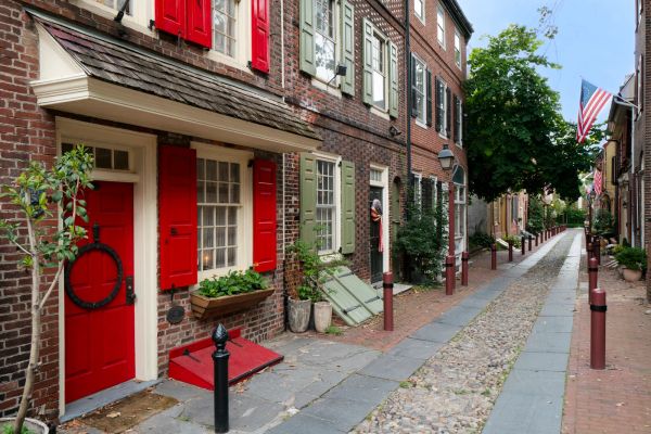Historic small-town main street with brick storefronts