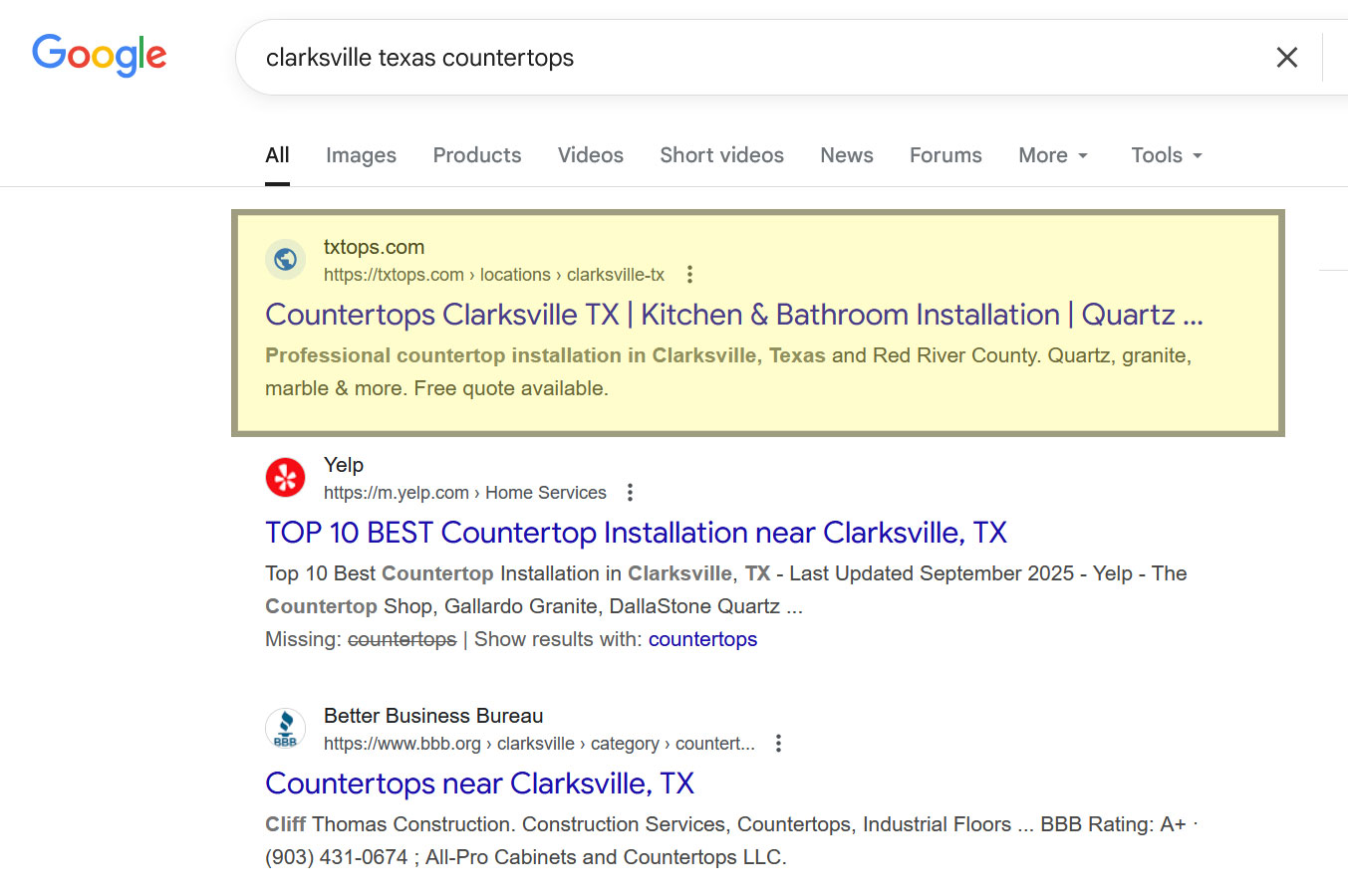 Ranking #1 for clarksville texas countertops