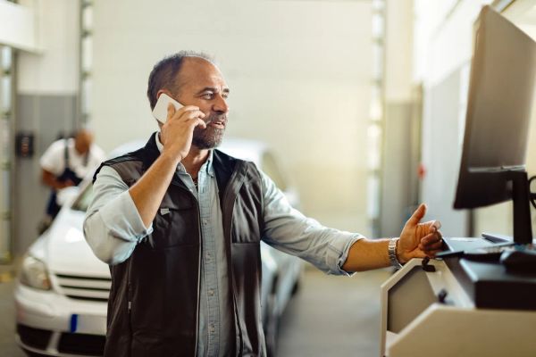 Mechanic smiling while talking on his phone at an auto repair shop