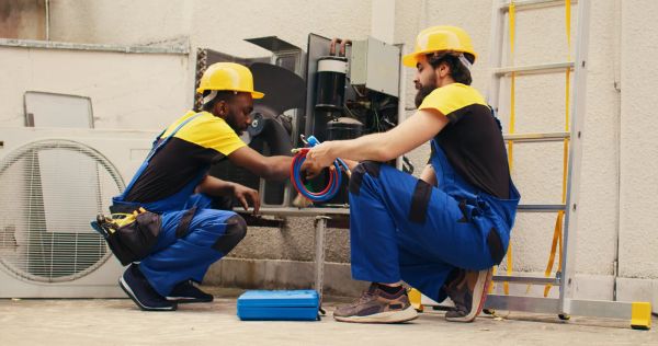 HVAC technicians servicing a system together